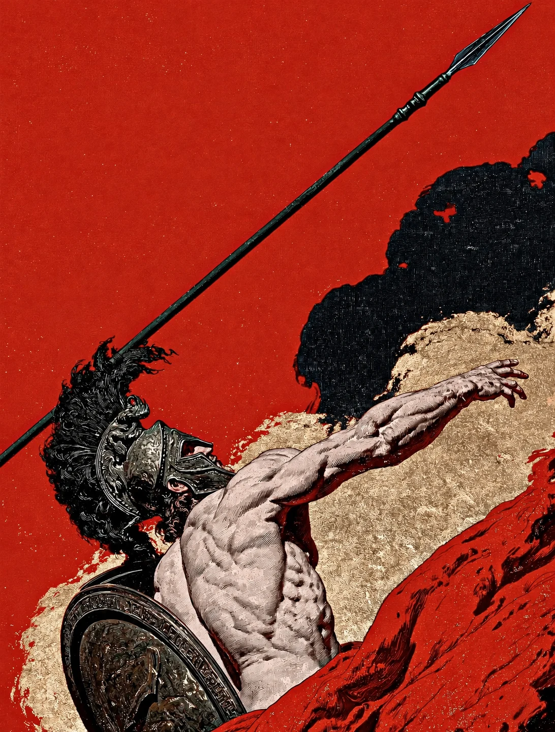 Guerreiro em uma gravura clássica, com lança em movimento e manto vermelho